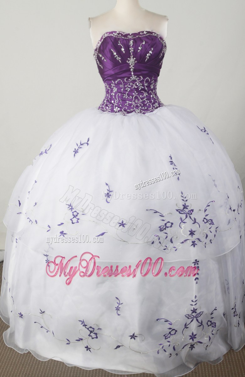 Purple and White Quinceanera Dress with Beading and Embroidery