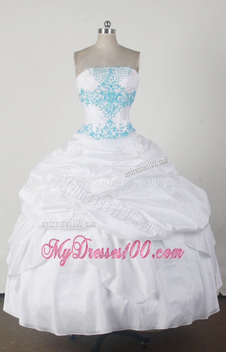Flowers Pick-ups Aqua Blue Embroidery on White Quinceanera Dress