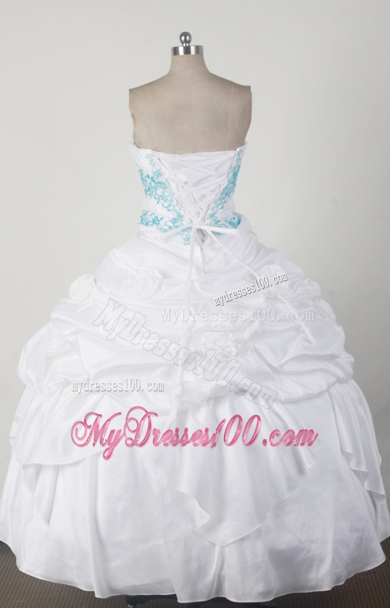Flowers Pick-ups Aqua Blue Embroidery on White Quinceanera Dress