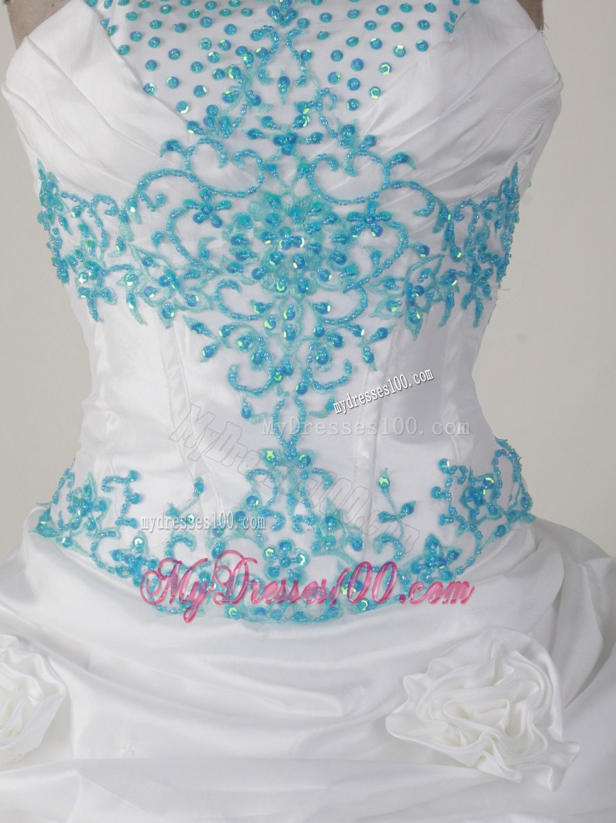 Flowers Pick-ups Aqua Blue Embroidery on White Quinceanera Dress