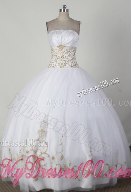 White Dresses 15 with Champagne Embroidery Decorate Waist and Hemline