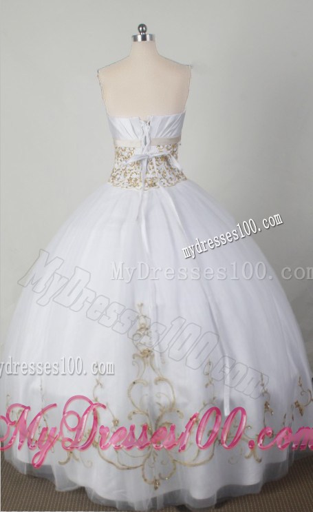 White Dresses 15 with Champagne Embroidery Decorate Waist and Hemline
