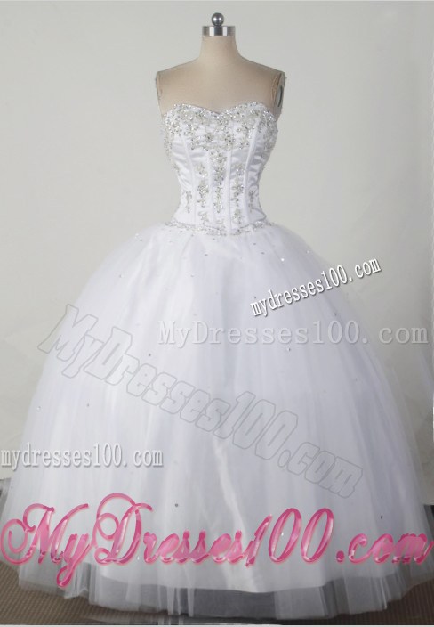 White Taffeta and Tulle Quinceanera Dress with Beaded Embroidery
