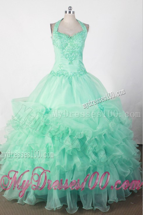 Apple Green Halter Organza Dresses 15 with Embroidery and Ruffles