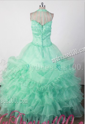 Apple Green Halter Organza Dresses 15 with Embroidery and Ruffles