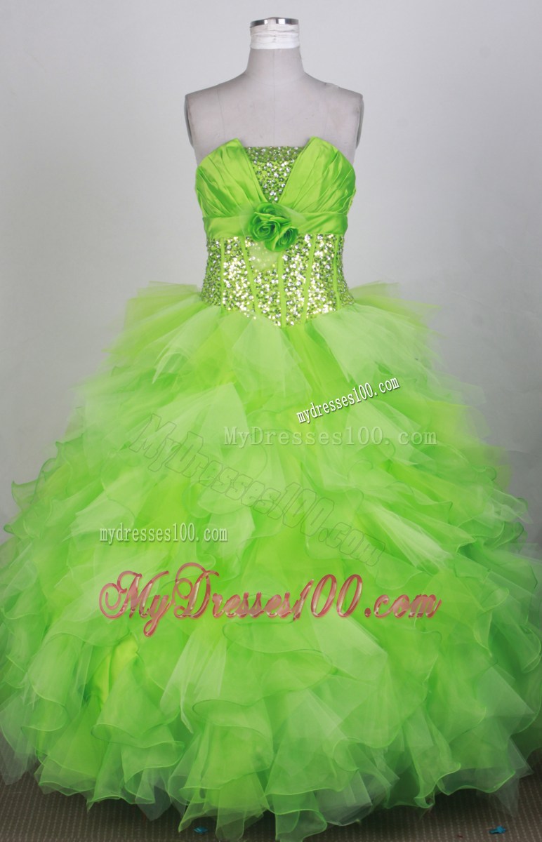 Sweet Strapless Sequined Spring Green Ruffled Quinceanera Gown