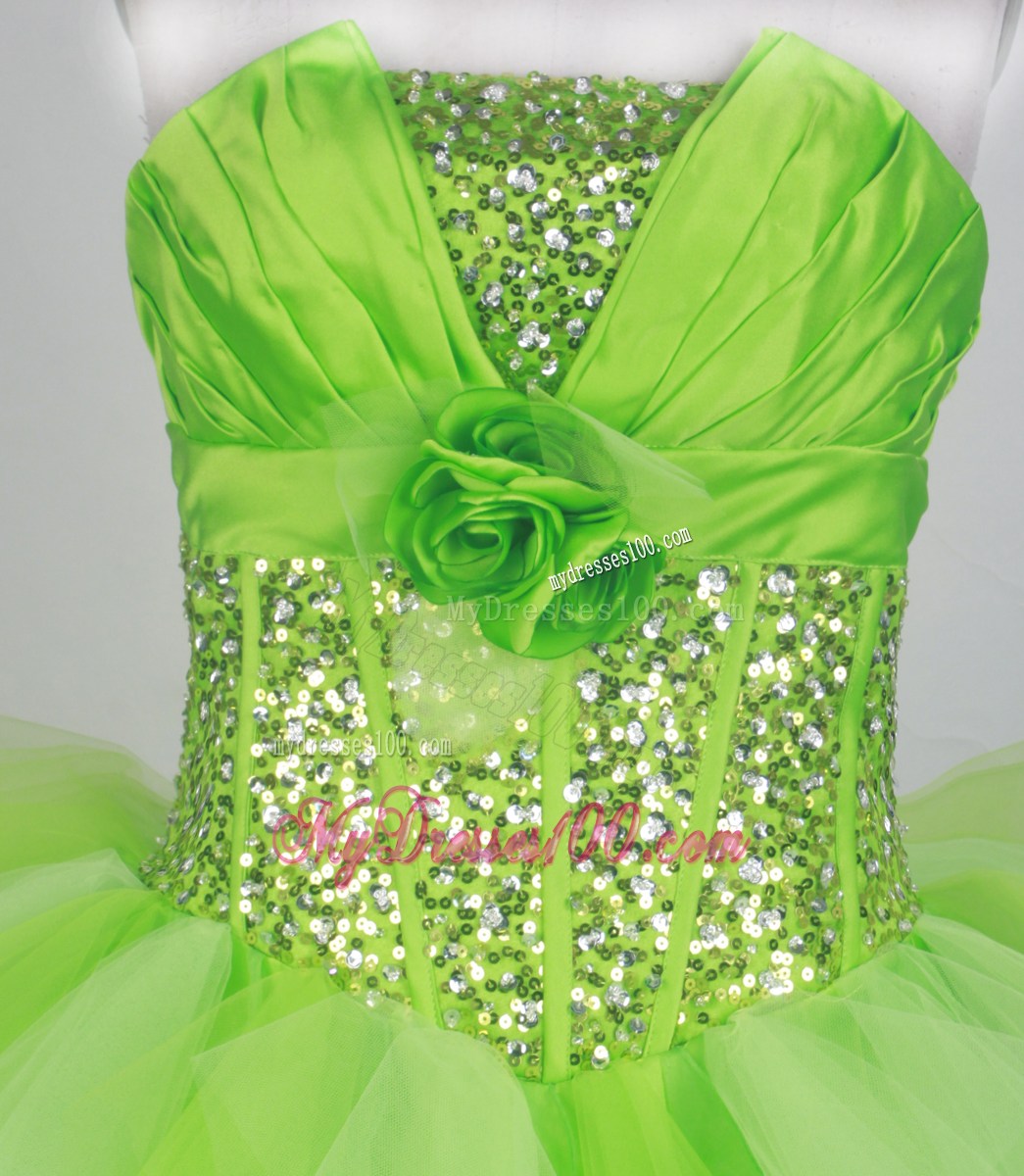 Sweet Strapless Sequined Spring Green Ruffled Quinceanera Gown