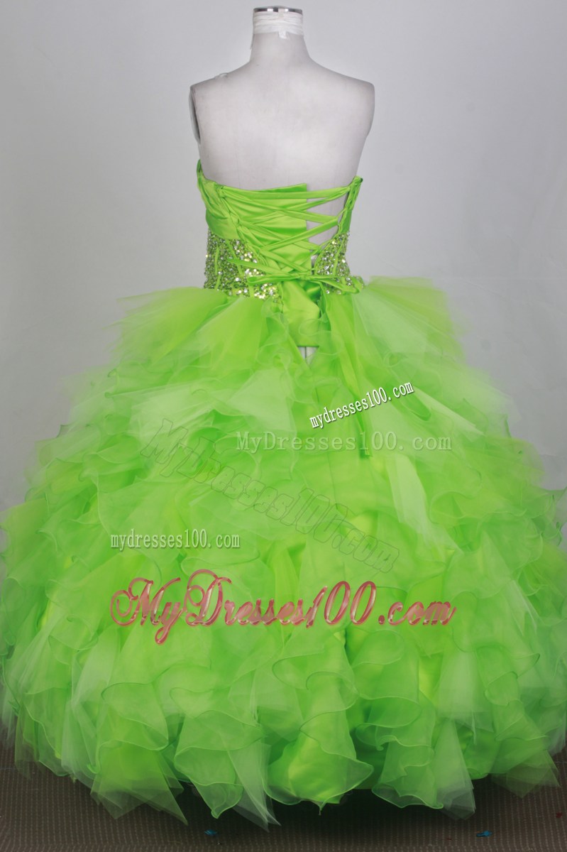 Sweet Strapless Sequined Spring Green Ruffled Quinceanera Gown