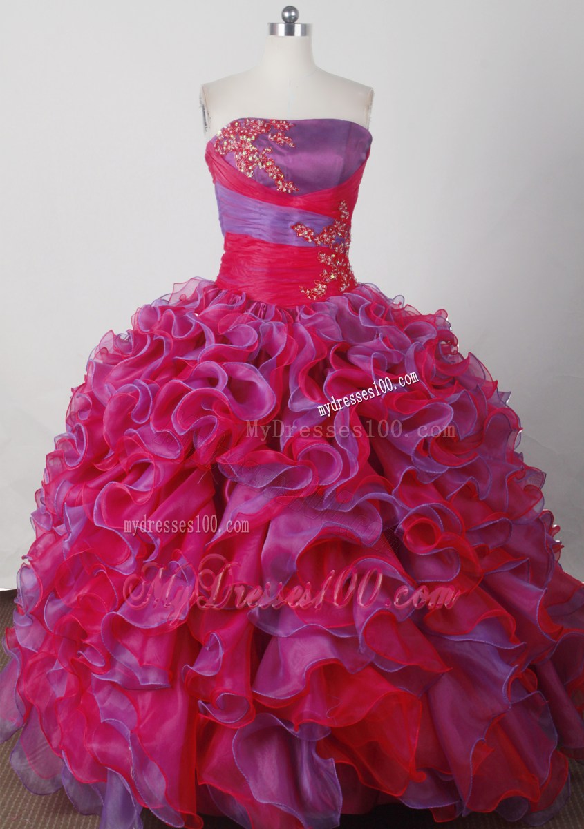 Beading Sweet Red and Purple Strapless Ruffled Quinceanera Dress