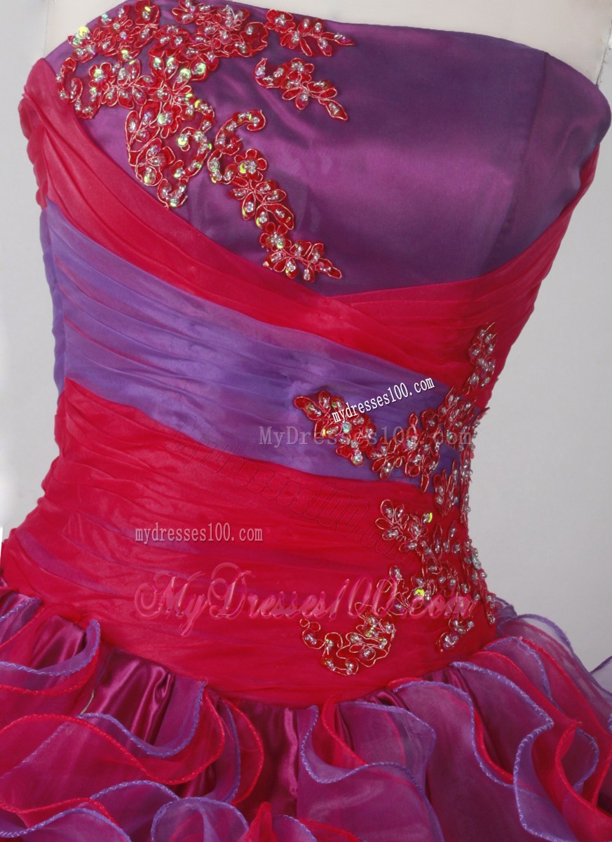 Beading Sweet Red and Purple Strapless Ruffled Quinceanera Dress