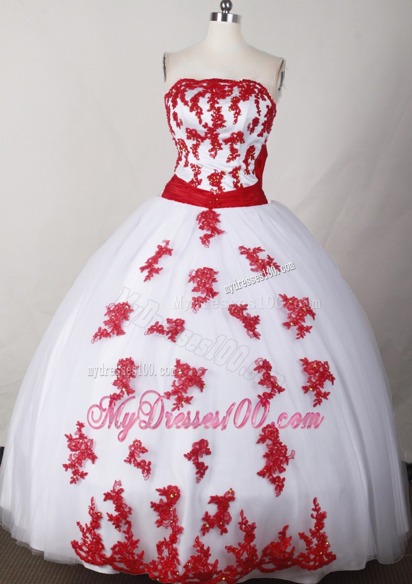 Sweet Strapless White Quinceanera Dress with Red Appliques