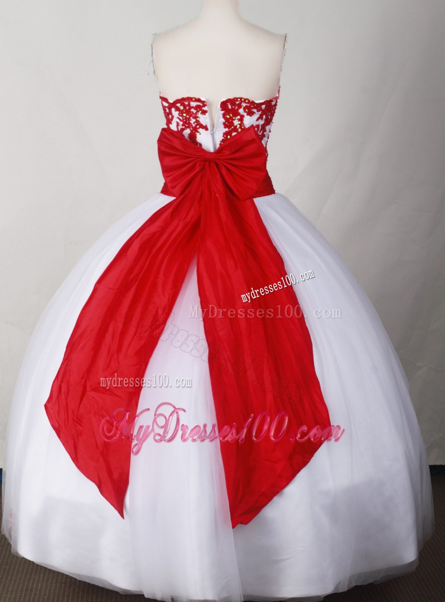 Sweet Strapless White Quinceanera Dress with Red Appliques