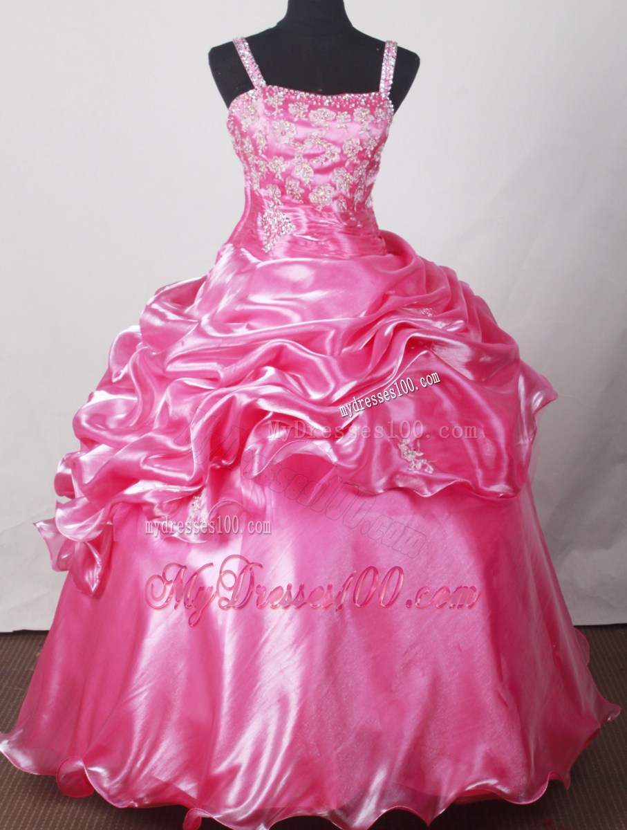 Beaded Straps Floor-length Hot Pink Pick-ups Quinceanera Dress