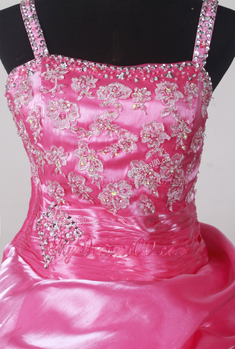 Beaded Straps Floor-length Hot Pink Pick-ups Quinceanera Dress