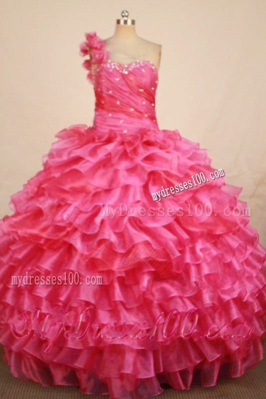 Hot Pink Ruffles Beading Layers Quinceanera Dress One Shoulder