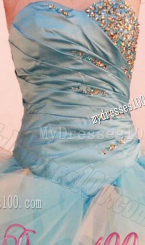 Popular Ruche Beading Lace-up Quinceanera Dress Aqua Blue and White