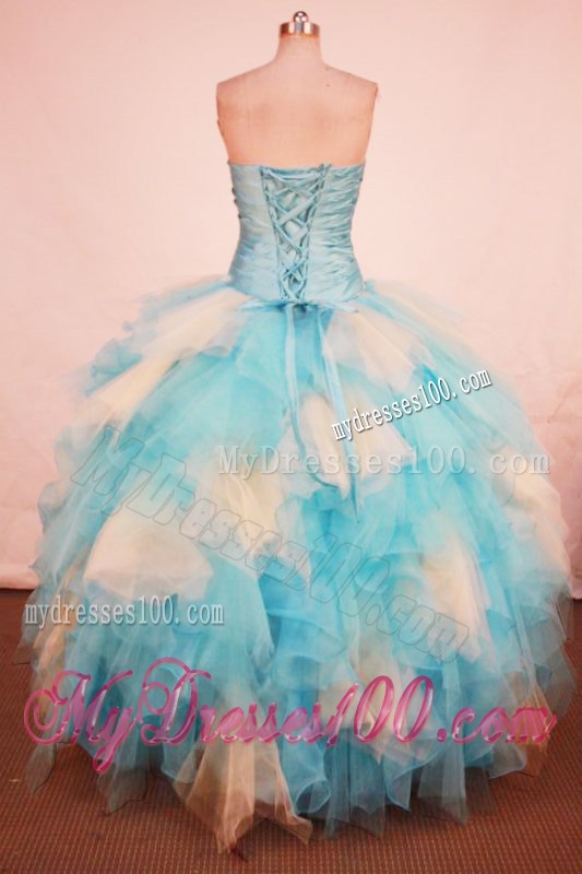 Popular Ruche Beading Lace-up Quinceanera Dress Aqua Blue and White