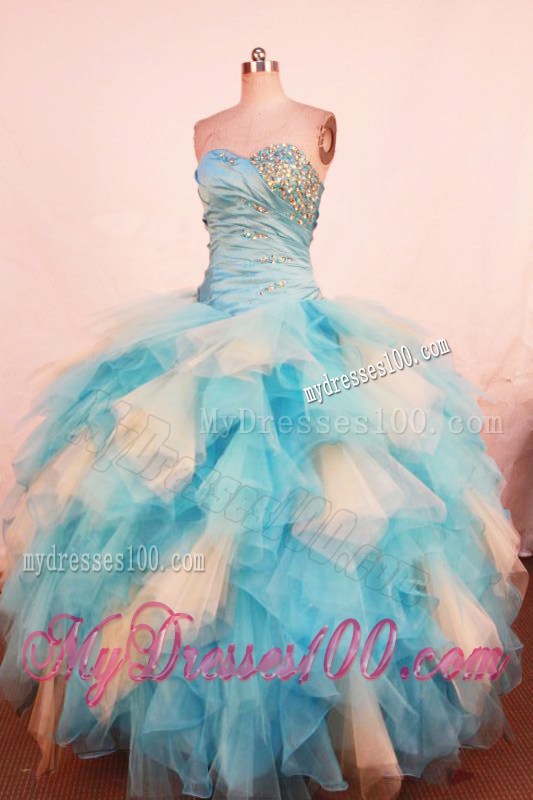 Popular Ruche Beading Lace-up Quinceanera Dress Aqua Blue and White