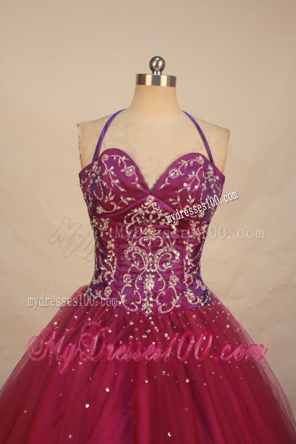 Halter Top Rhinestones and Embroidery Fuchsia Quinceanera Gown Dresses