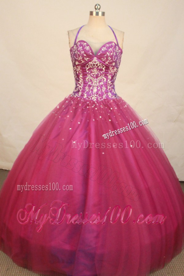 Halter Top Rhinestones and Embroidery Fuchsia Quinceanera Gown Dresses