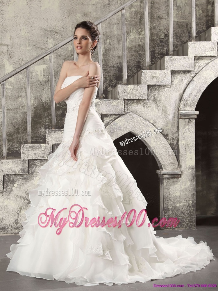 2016 Pretty White Strapless Bridal Gowns with Brush Train and Ruffles