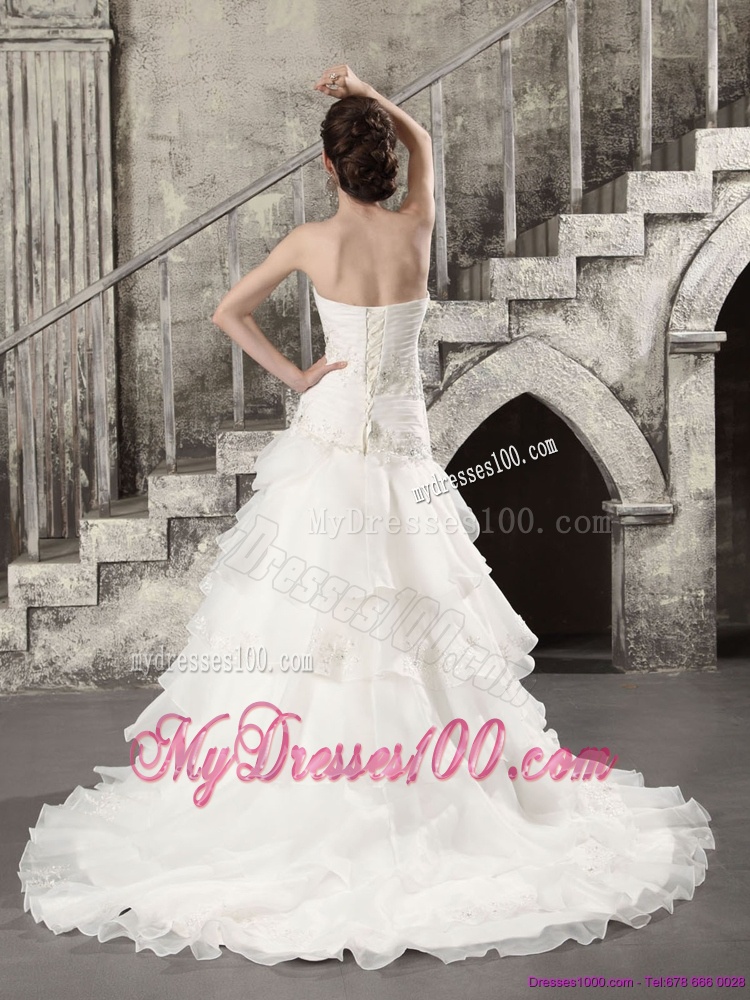 2016 Pretty White Strapless Bridal Gowns with Brush Train and Ruffles