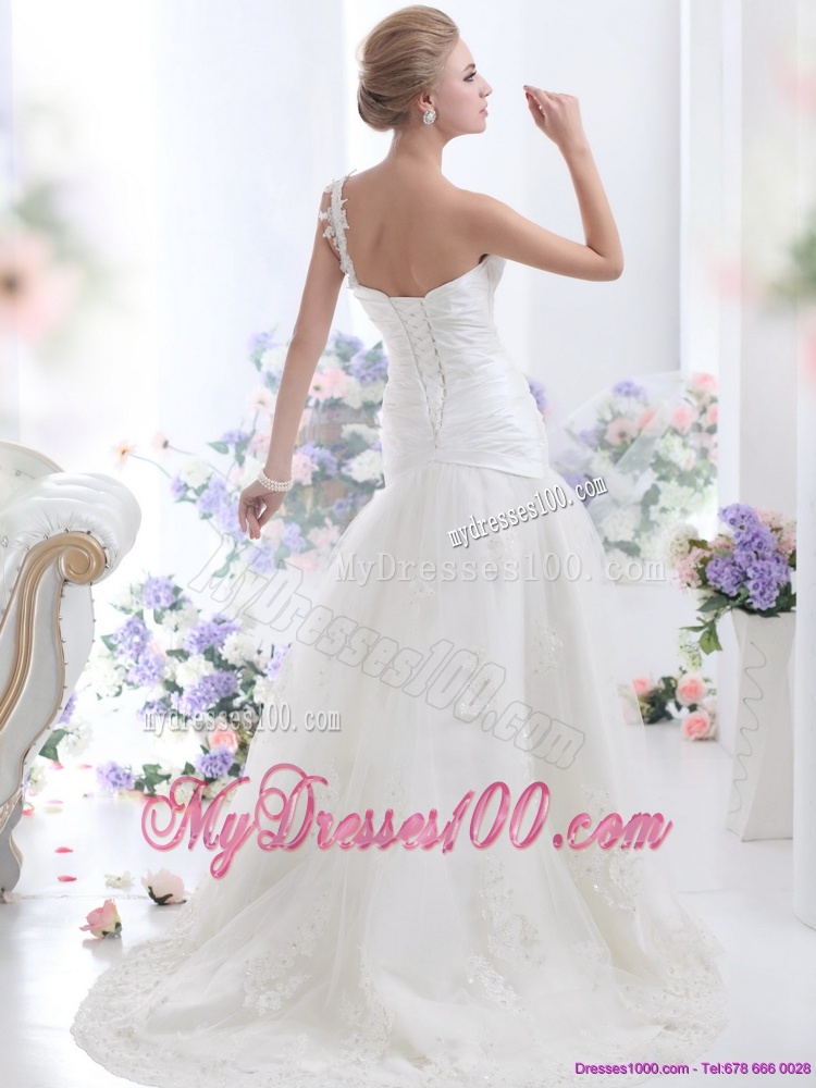 2016 The Super Hot One Shoulder Wedding Dress with Ruching and Lace