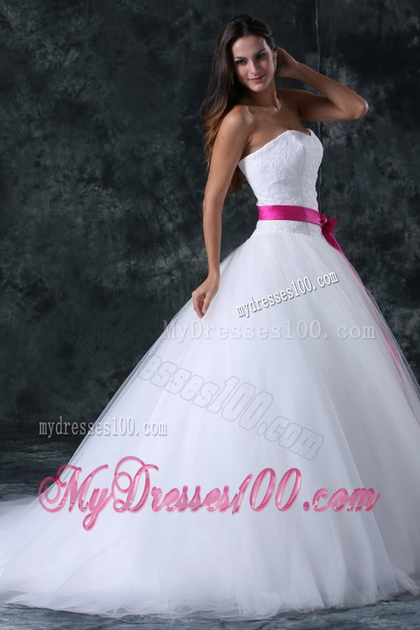 A-Line Beading and Sash Zipper Up Tulle Wedding Dress with Strapless