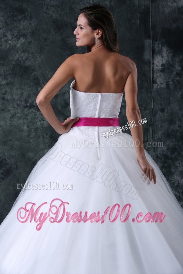 A-Line Beading and Sash Zipper Up Tulle Wedding Dress with Strapless