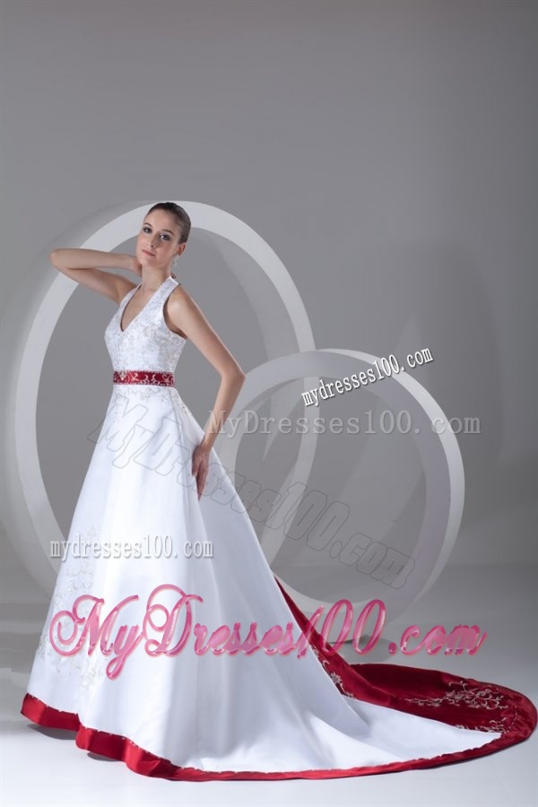 A-Line Halter Embroidery Lace Up Wedding Dress with Satin Chapel Train