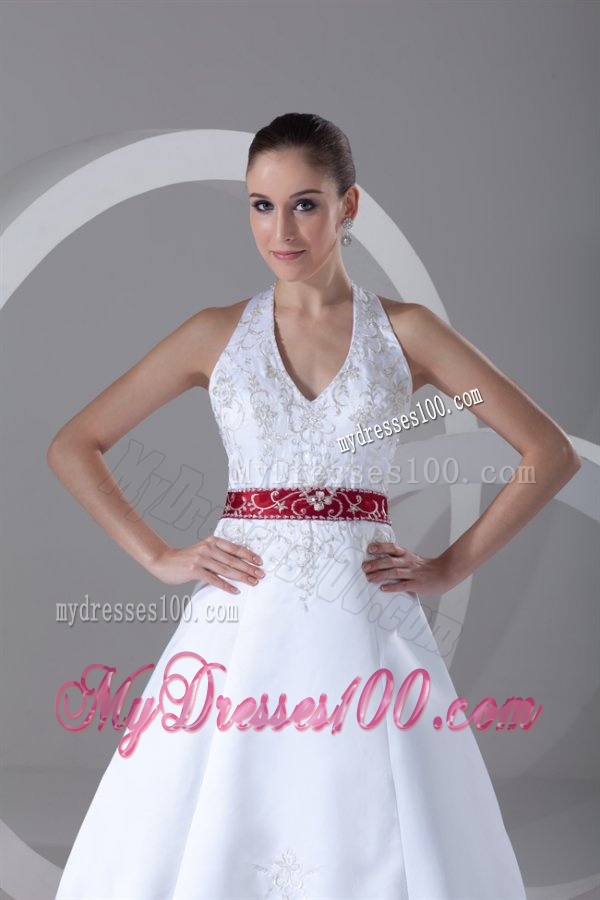 A-Line Halter Embroidery Lace Up Wedding Dress with Satin Chapel Train