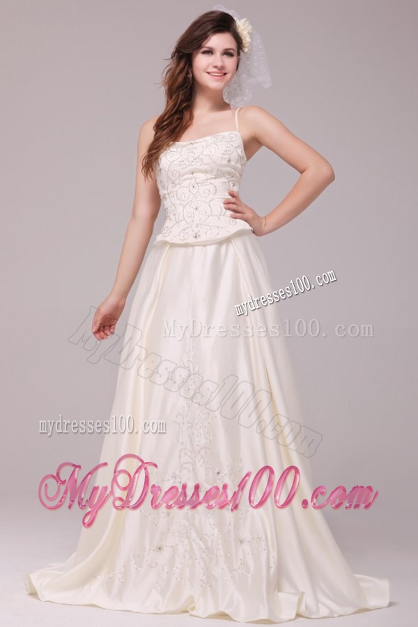 A-Line Straps Embroidery Taffeta Wedding Dress with Straps