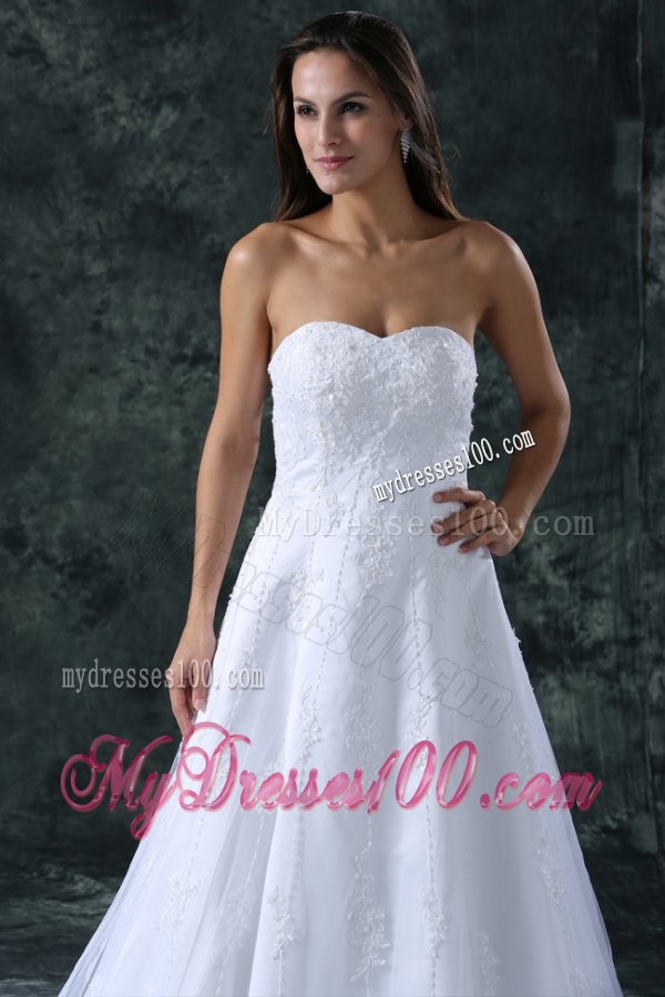 A-Line Sweetheart Court Train Lace and Appliques Organza Wedding Dress