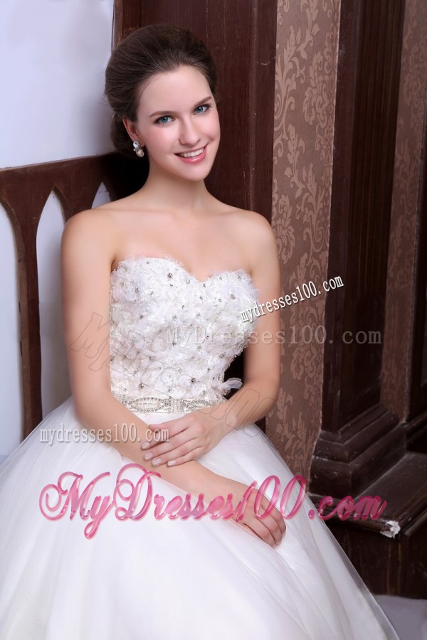 A-Line Sweetheart Floor-length Beading Tulle Wedding Dress