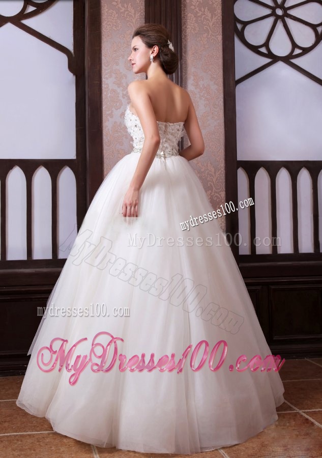 A-Line Sweetheart Floor-length Beading Tulle Wedding Dress