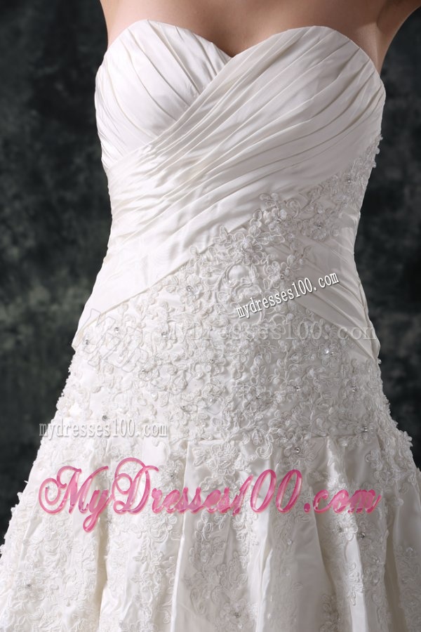 A-Line Sweetheart Taffeta Appliques Court Train Lace Up Wedding Dress