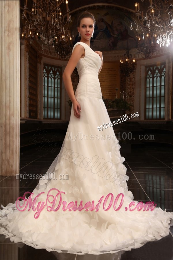 A-Line V-Neck Court Train Ruching Zipper Up Tulle Wedding Dress