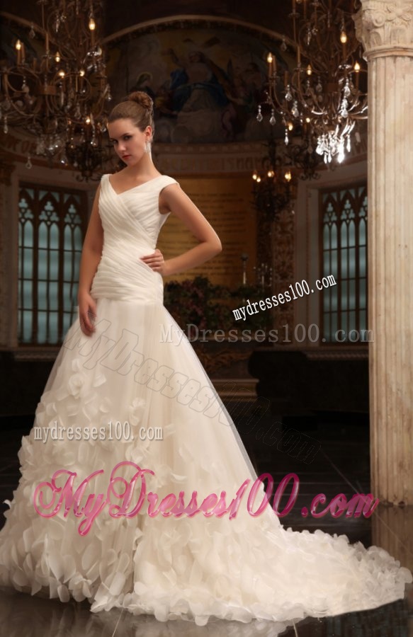 A-Line V-Neck Court Train Ruching Zipper Up Tulle Wedding Dress