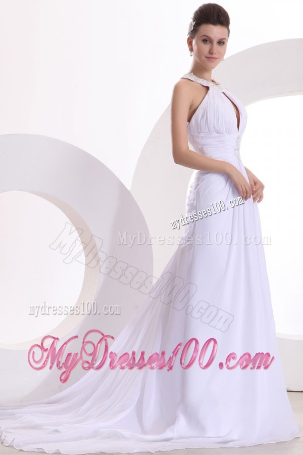 A-line Chiffon Scoop Appliques Sweep Train Wedding Dress