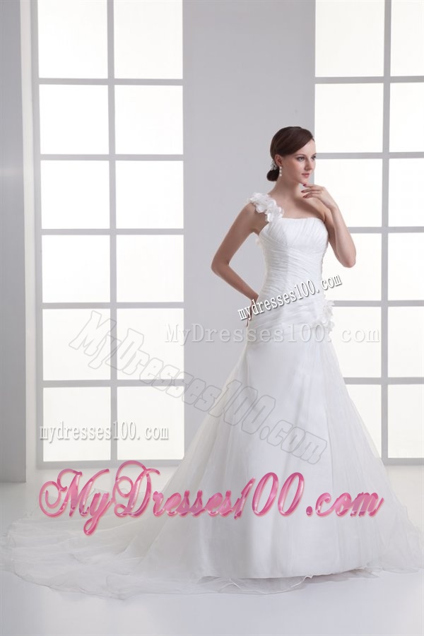 A-line One Shoulder Appliques Ruching Court Train Wedding Dress