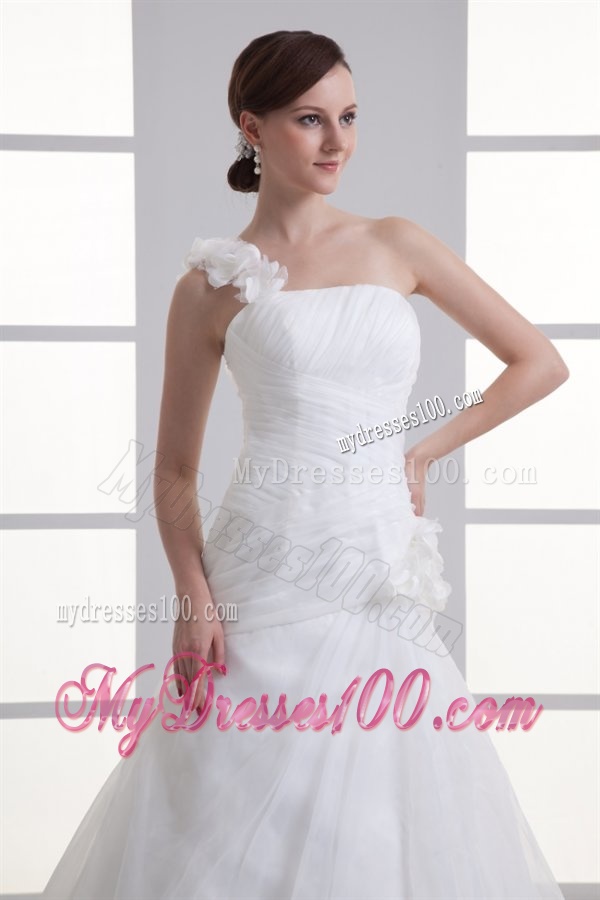 A-line One Shoulder Appliques Ruching Court Train Wedding Dress