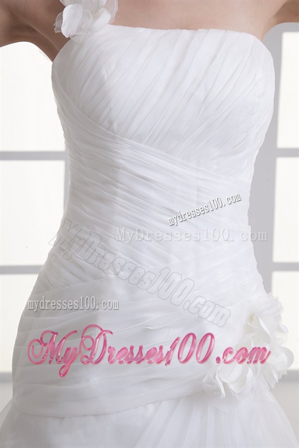 A-line One Shoulder Appliques Ruching Court Train Wedding Dress