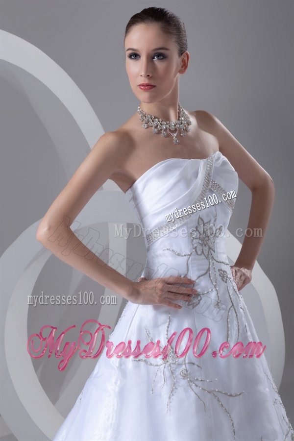 A-line Strapless Embroidery and Beading Court Train Wedding Dress