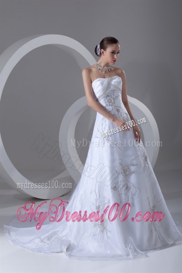 A-line Strapless Embroidery and Beading Court Train Wedding Dress