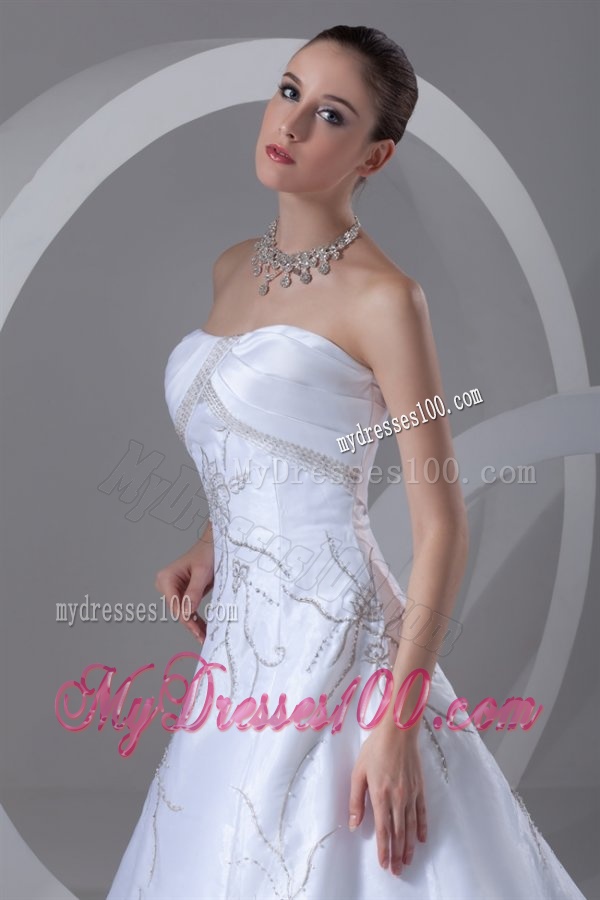 A-line Strapless Embroidery and Beading Court Train Wedding Dress