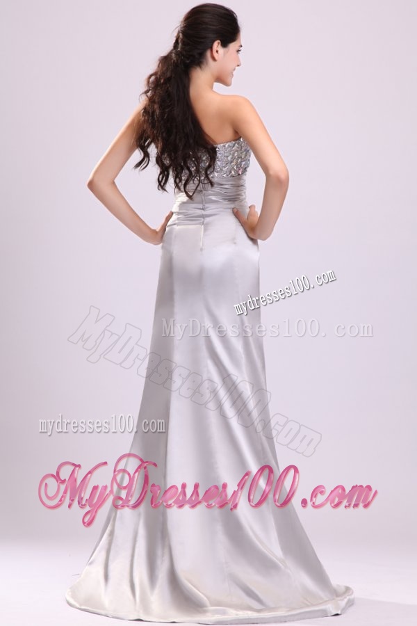 A-line Sweetheart Silver Beading and Ruching Wedding Dress