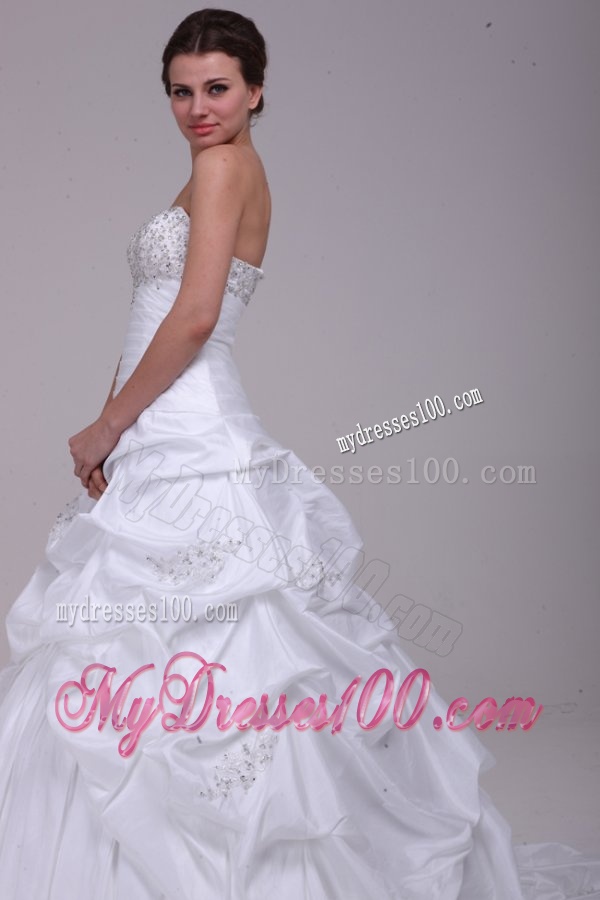 Ball Gown Court Train Beading Appliques Lace Up Taffeta Wedding Dress