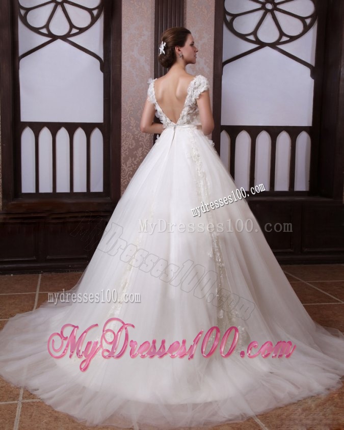 Ball Gown Scoop Appliques Tulle Wedding Dress with Chapel Train