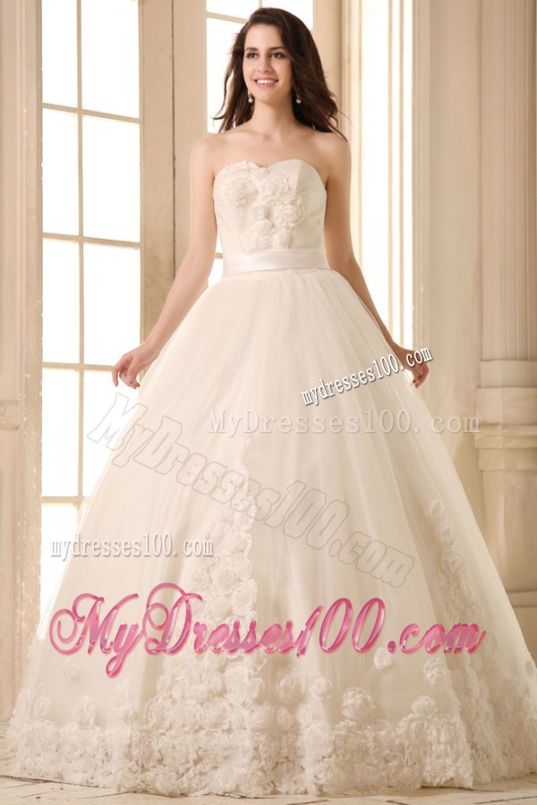 Ball Gown Sweetheart Hand Made Flowers Sweep Train Wedding Dress
