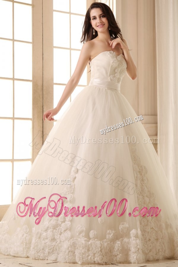 Ball Gown Sweetheart Hand Made Flowers Sweep Train Wedding Dress
